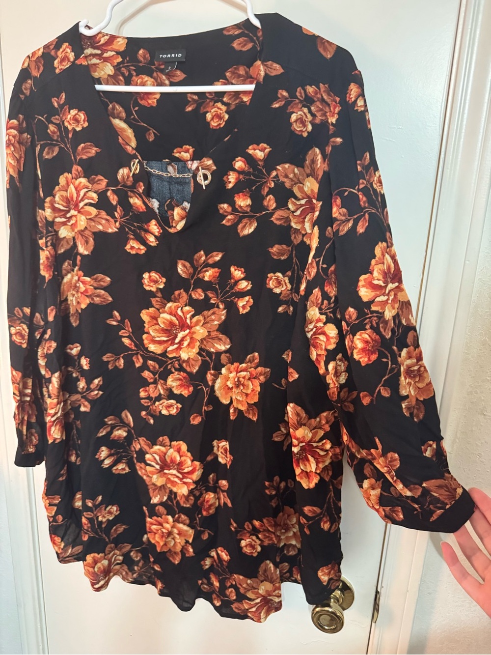 Torrid Black Floral V-Neck Blouse - Orange Rose Print 3x